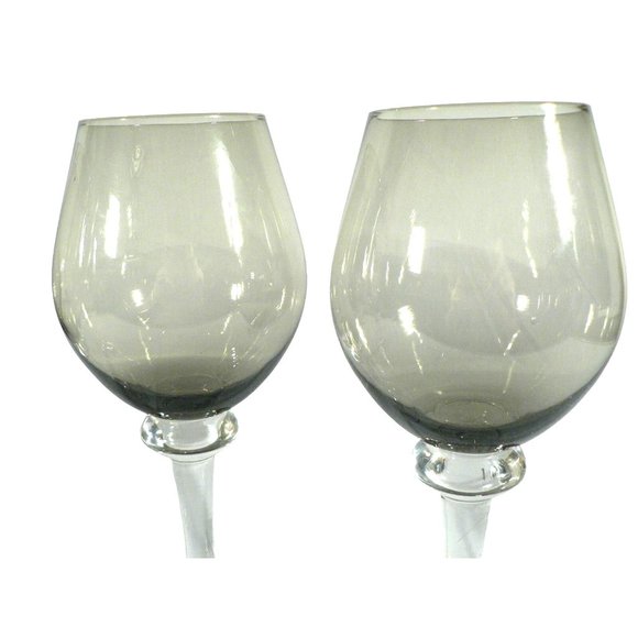 Wine Glass Goblet Smoked Gray Clear Stem Set of 4 Vintage Glassware 10" - Picture 4 of 15